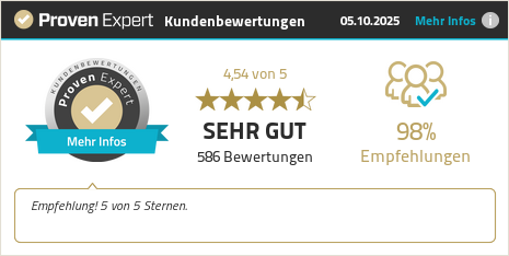 Eine Kundin bedankt sich nach getaner Arbeit; auf einem Zettel steht: 4,54 Sterne von 586 Kunden, fast alle empfehlen uns weiter.