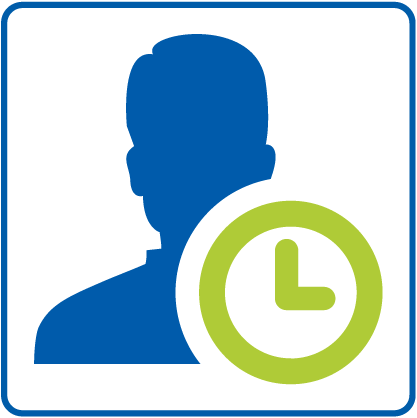 Eine Person legt ihre Schicht an - ein grünes Uhrsymbol steht für Arbeitszeit. Quadratischer Rahmen in Blau.