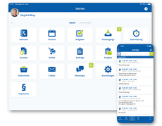 Jemand plant Arbeit auf Tablet und Handy: Die App zeigt Aufgaben, Termine, Dokumente und Kontakte klar zum schnellen Zugriff.