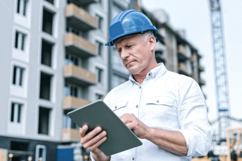 Vorarbeiter hält eine Tablet in der Hand und steht auf einer offenen Baustelle.