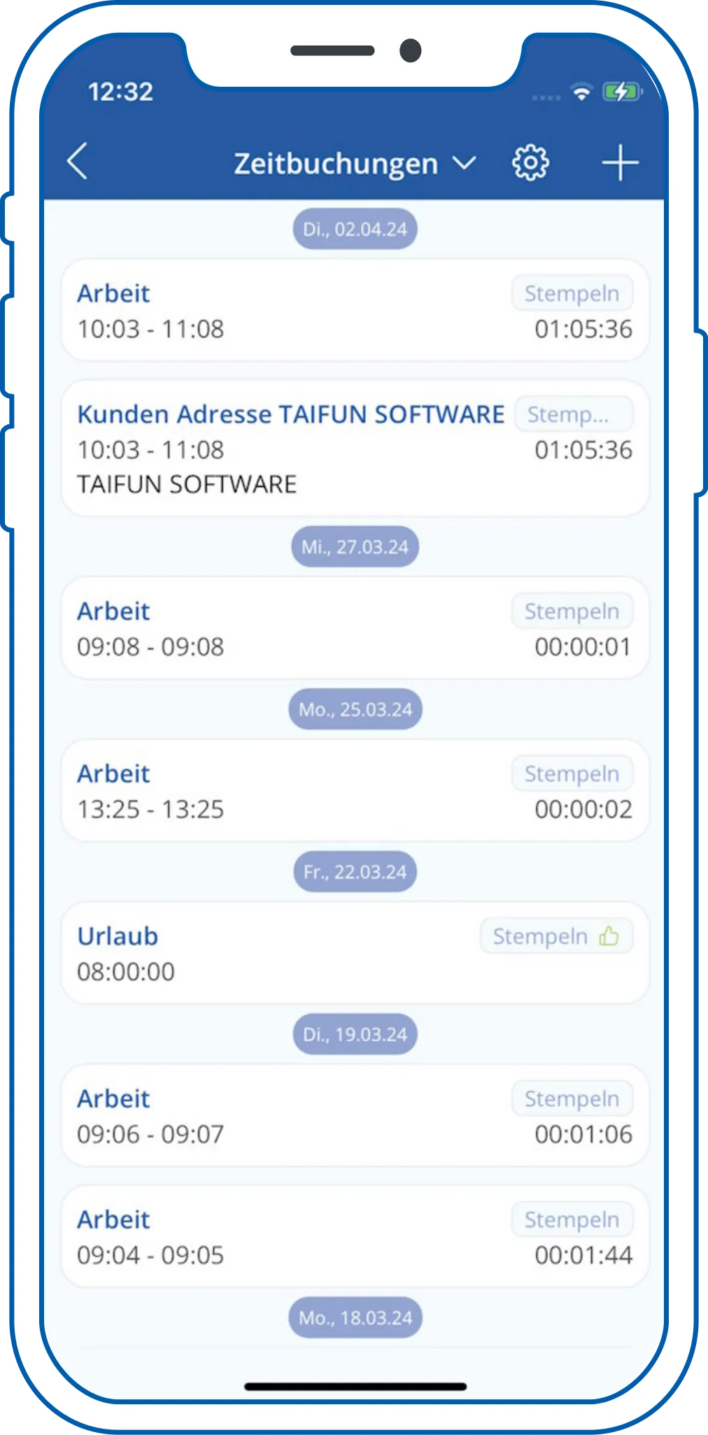 TAIFUN App Zeitbuchungen