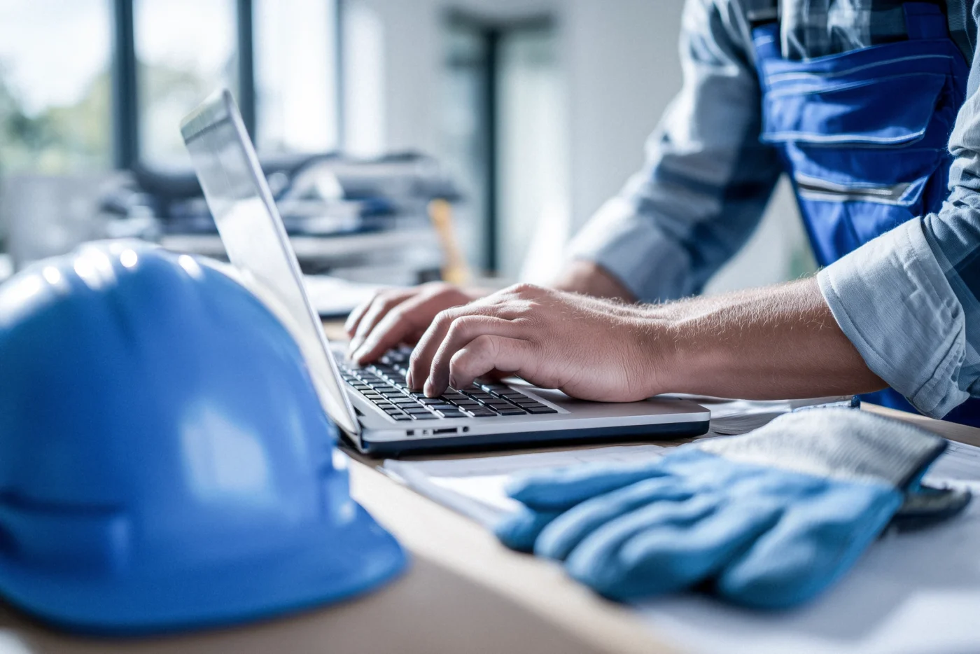 Oberkörper eines Handwerkers ist sichtbar. Er tippt an einem Laptop, im Vordergrund Arbeitshandschuhe und ein Helm.