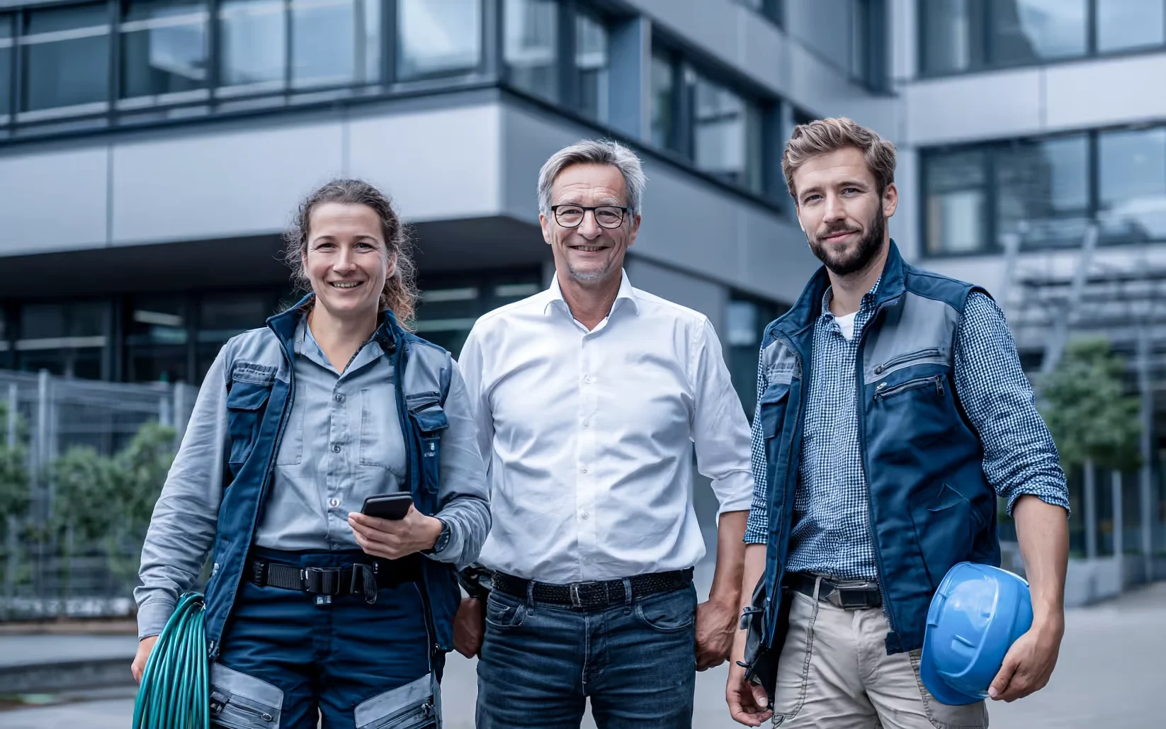 Drei Personen, zwei männliche und eine weibliche Person in Handwerkerkleidung, lächeln in die Kamera.