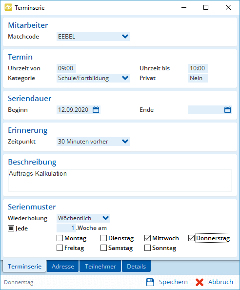 Ein Handwerker stellt im Kalender eine wiederkehrende Aufgabe - mit Uhrzeit, Kategorie und Erinnerung vor Arbeitsbeginn.