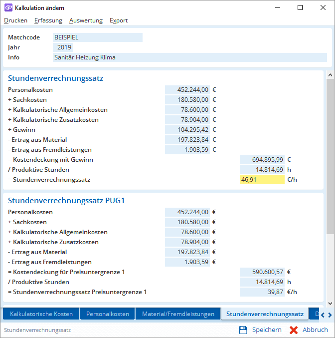 Jemand prüft am Bildschirm Stundensätze fürs Jahr 2019 und vergleicht, wie Lohn, Material und Gewinn im Handwerk zusammenkommen.