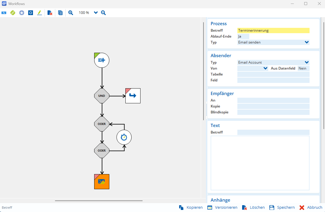 Jemand richtet am Bildschirm eine Aufgabenabfolge ein, prüft Auswahlfelder und passt Benachrichtigungen auf Deutsch an.