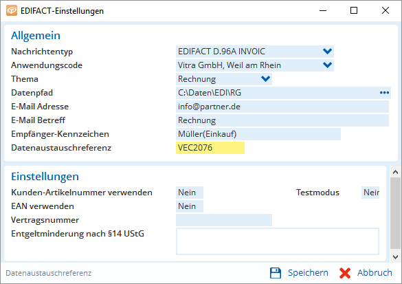 Jemand richtet die EDIFACT-Einstellungen ein, trägt Daten ein und hebt den Code VEC2076 für die Arbeit hervor.